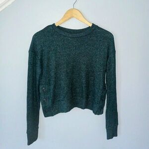 SO Cropped Waffle Knit Sweater-Size XS-Side Snaps-Round Neck-Hunter Green